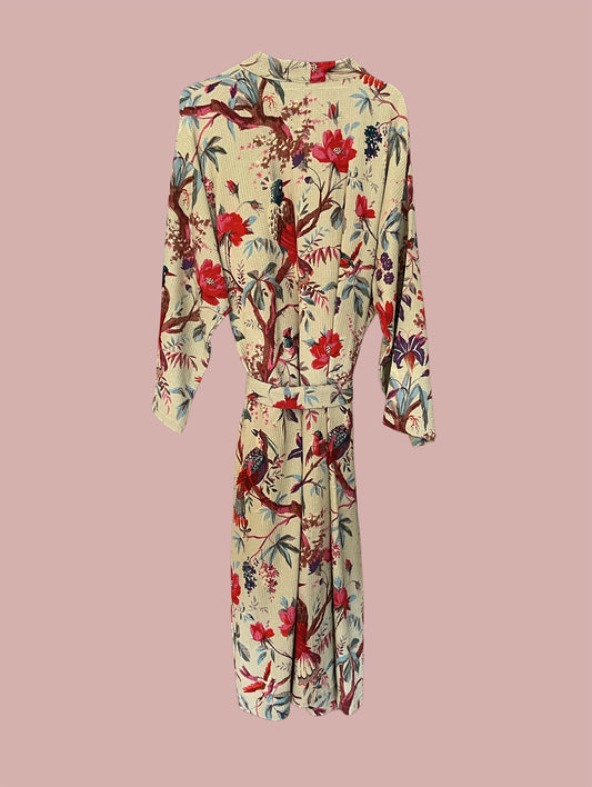 Morgenkåbe waffel / Beige & røde blomster