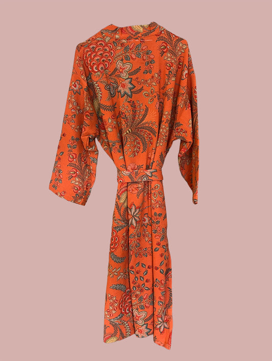 Morgenkåbe waffel / Rød & hvide blomster & fugle