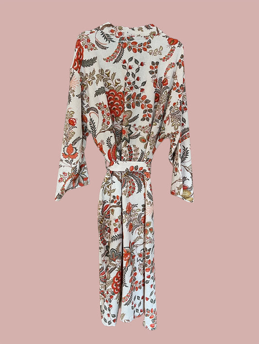 Morgenkåbe waffel / Hvid & røde blomster