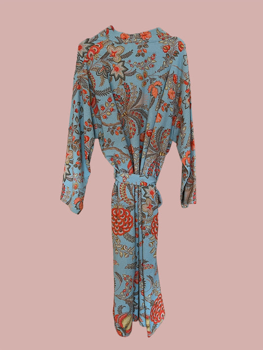 Morgenkåbe waffel / Lyseblå & røde blomster