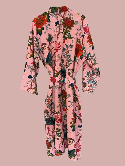 Morgenkåbe waffel / Pink & røde blomster