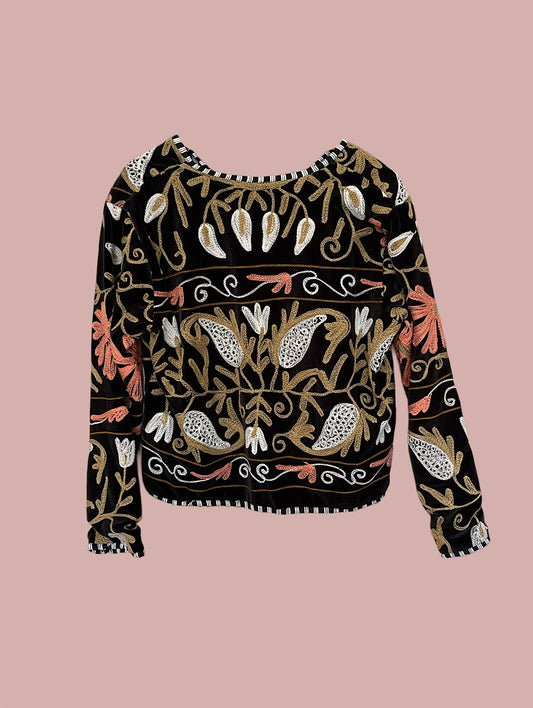 Jakke / Sort med brune, hvide, rosa & bronze broderier