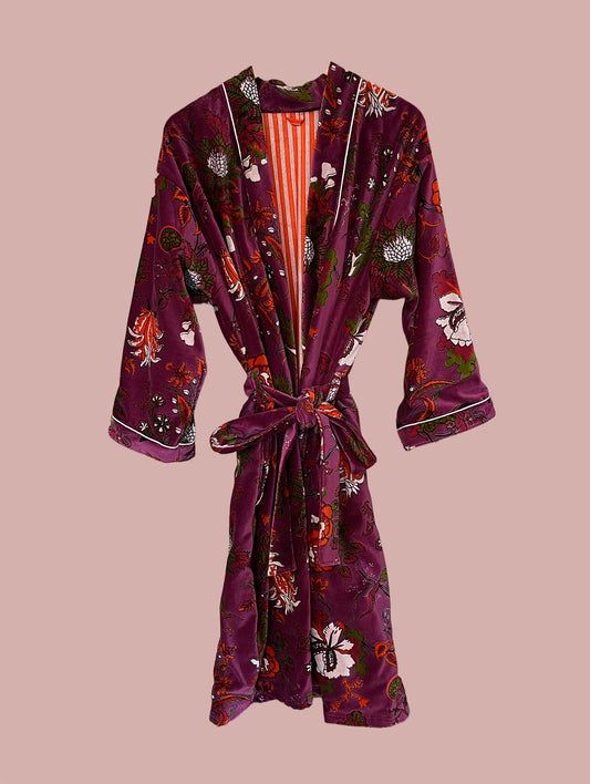 Kimono/jakke velour / Bordeux & røde, hvide & grønne motiver