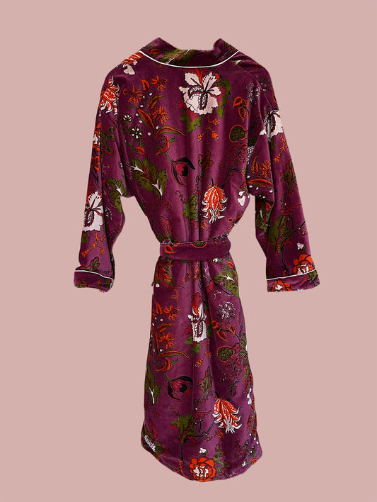 Kimono/jakke velour / Bordeux & røde, hvide & grønne motiver