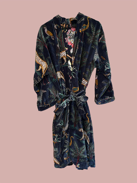 Kimono/jakke velour / Mørkeblå & røde, hvide & grønne motiver