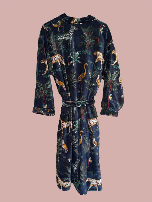 Kimono/jakke velour / Mørkeblå & røde, hvide & grønne motiver