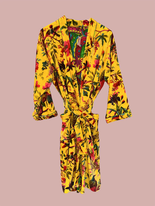 Kimono/jakke velour / Gul & røde & grønne motiver
