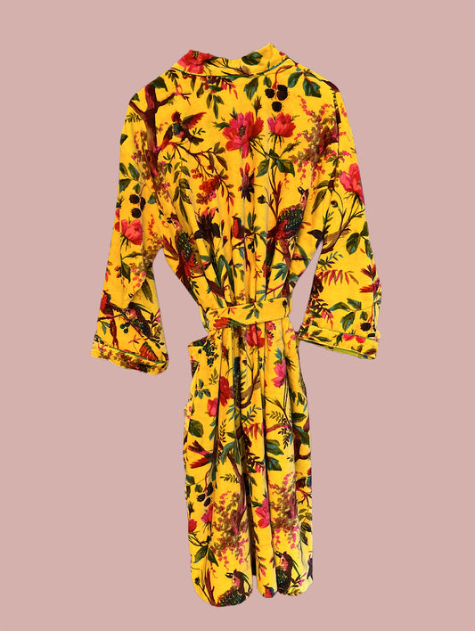 Kimono/jakke velour / Gul & røde & grønne motiver