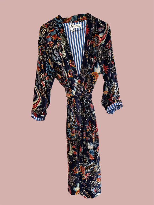Kimono/jakke velour / Mørkeblå & røde & turkise motiver