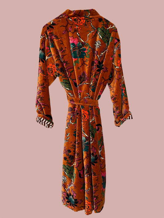 Kimono/jakke velour / Orange & røde & grønne motiver
