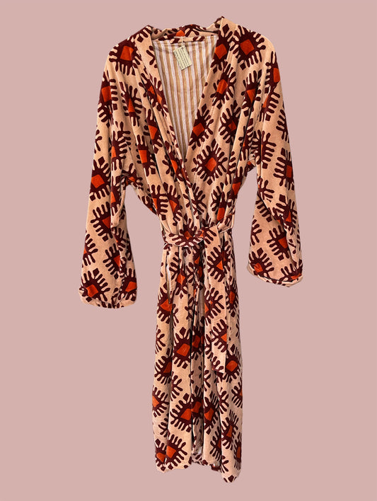 Kimono/jakke velour / Rosa & orange og mørkebrune motiver