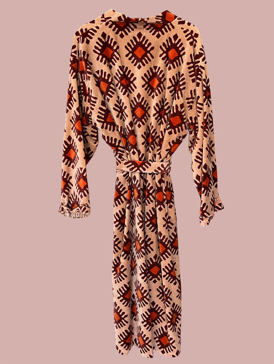 Kimono/jakke velour / Rosa & orange og mørkebrune motiver