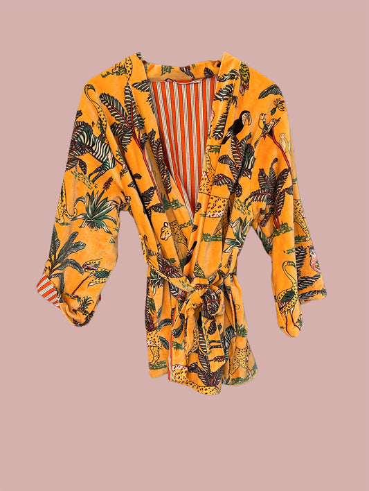 Kort kimono/jakke velour / Gul med sorte, hvide & grønne motiver