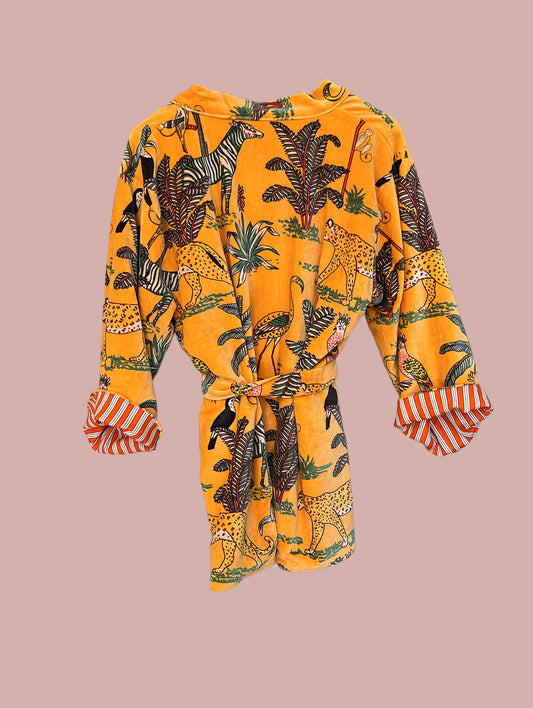 Kort kimono/jakke velour / Gul med sorte, hvide & grønne motiver