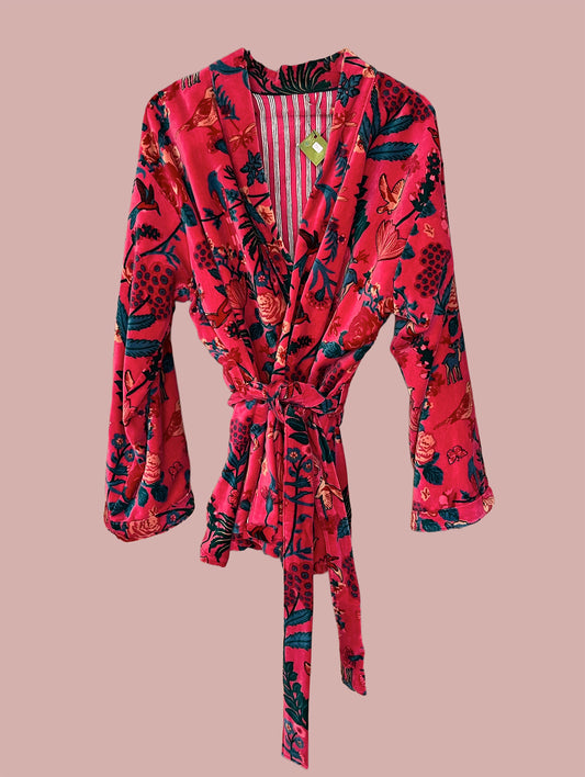 Kort kimono/jakke velour / Rød med røde & mørkeblå motiver