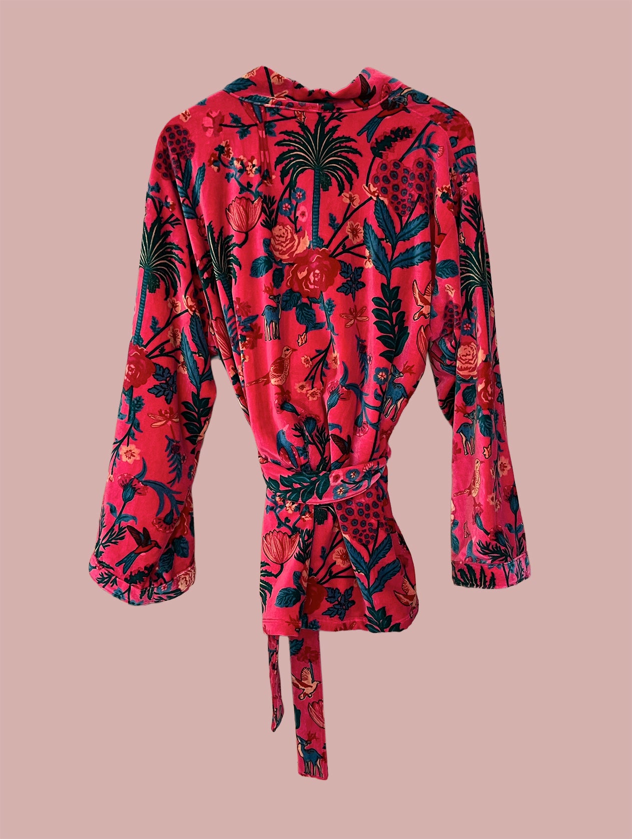 Kort kimono/jakke velour / Rød med røde & mørkeblå motiver