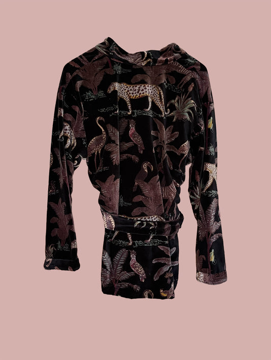 Kort kimono/jakke velour / Sort med beige & grønne motiver