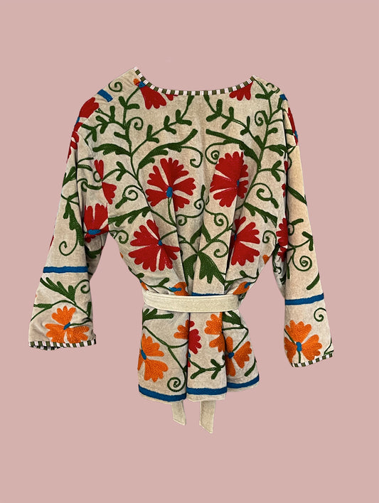 Kort kimono/jakke velour / Beige med røde, orange & grønne motiver