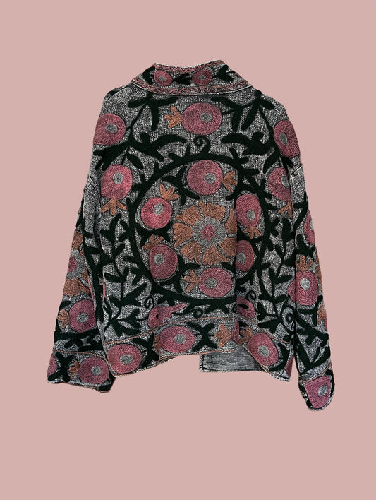 Jakke / Grå med bordeaux, brune & sorte broderier