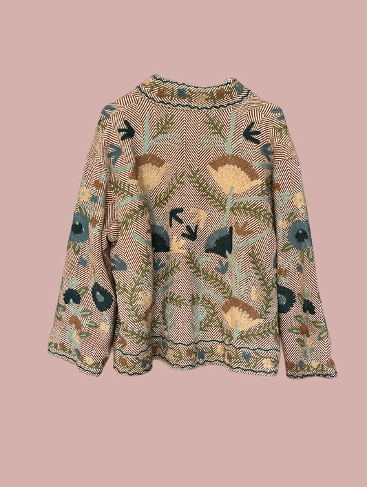 Jakke / Sort & hvid med beige & brune broderier