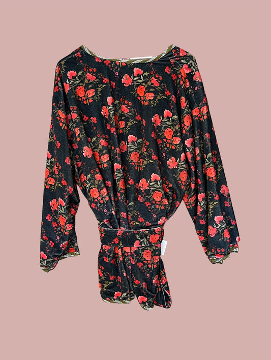 Kort kimono/jakke velour / Mørkeblå med røde & grønne motiver