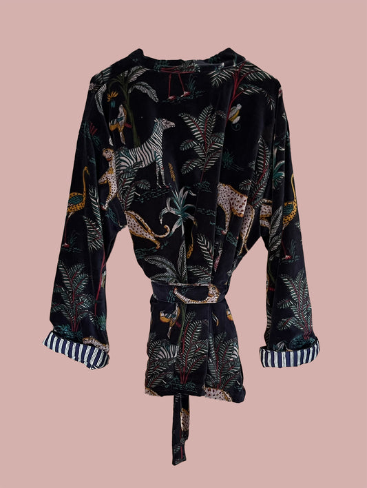 Kort kimono/jakke velour / Mørkeblå med hvide & gule motiver