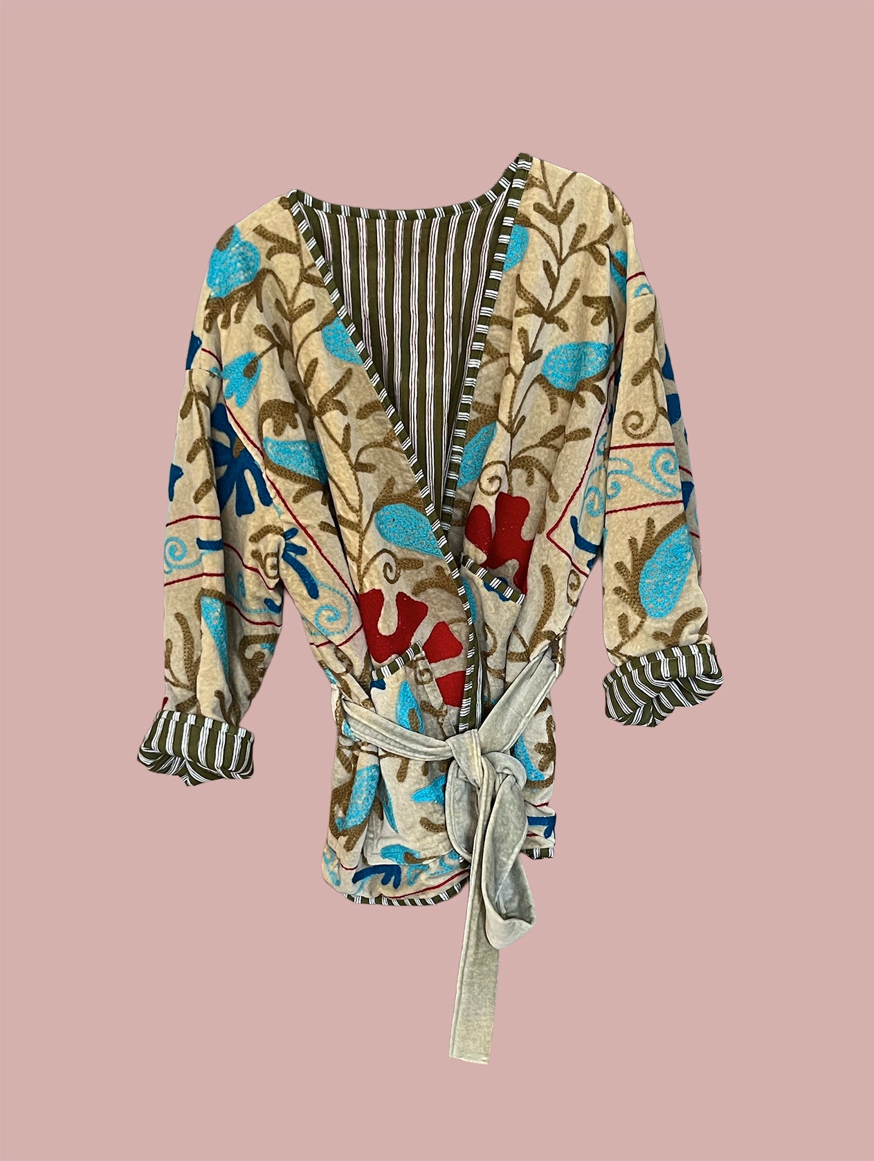 Kort kimono/jakke velour / Beige med turkise & røde motiver