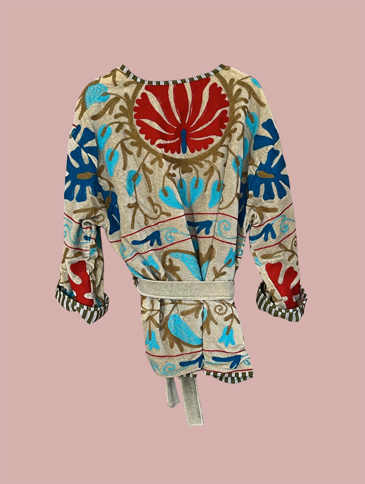 Kort kimono/jakke velour / Beige med turkise & røde motiver