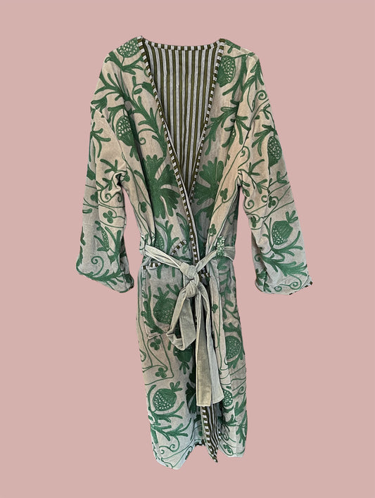 Kimono/jakke velour / Beige & grønne motiver