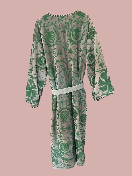 Kimono/jakke velour / Beige & grønne motiver