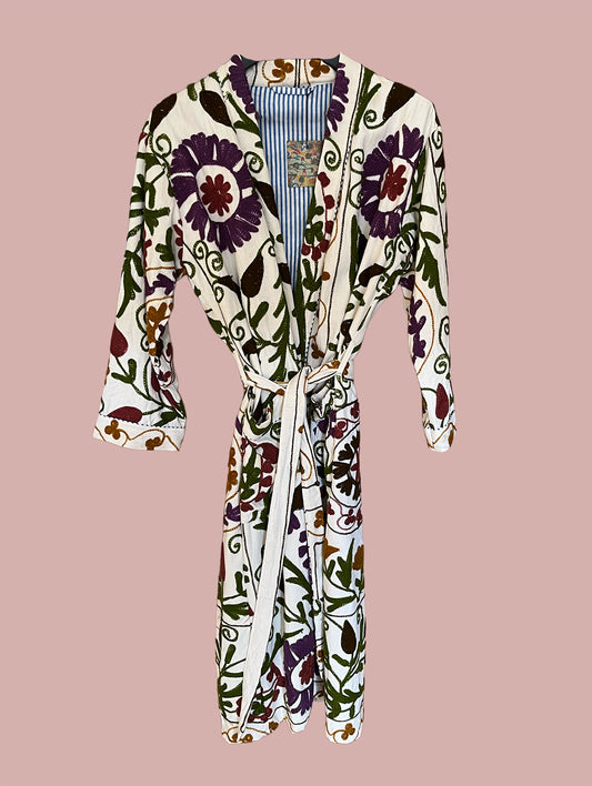 Kimono/jakke velour / Hvid & grønne, hvide & lilla motiver