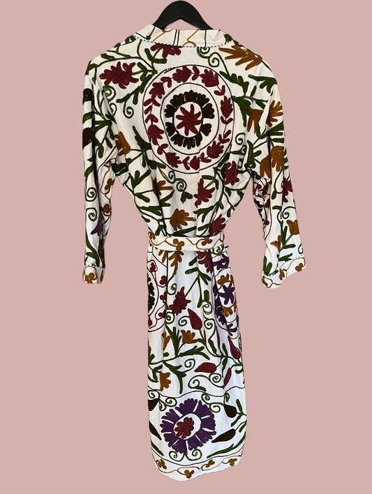 Kimono/jakke velour / Hvid & grønne, hvide & lilla motiver