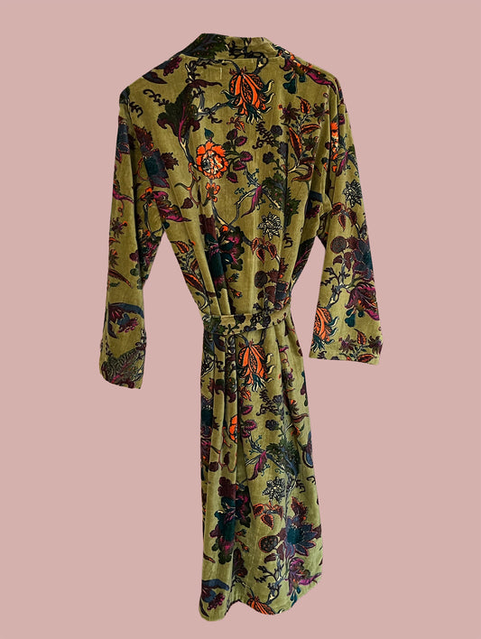 Kimono/jakke velour / Grøn & røde motiver