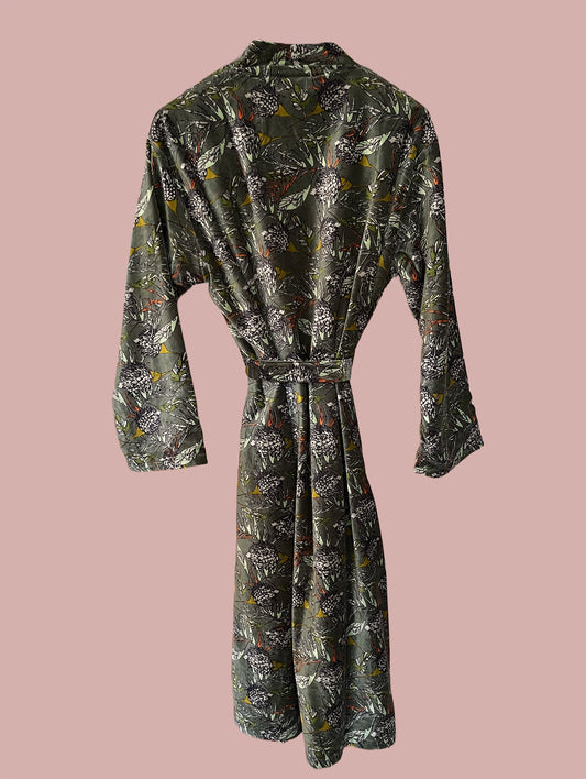 Kimono/jakke velour / Grøn & hvide & gule motiver