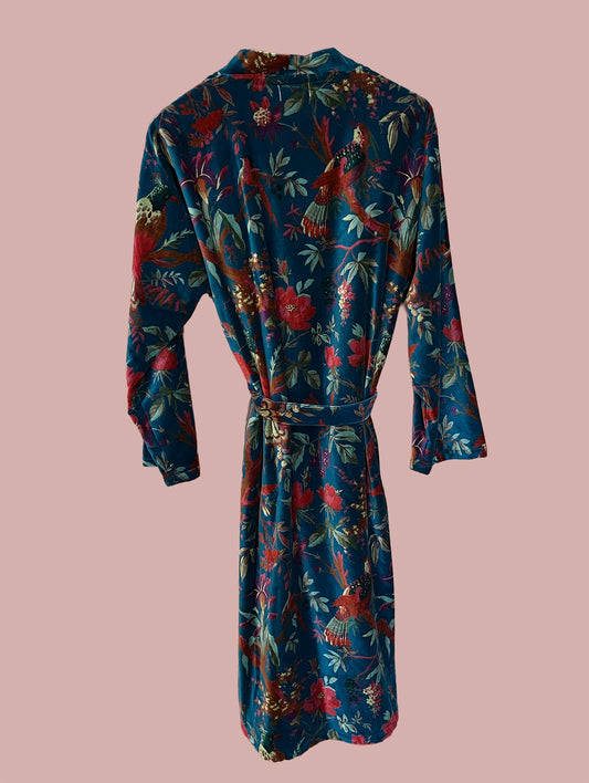 Kimono/jakke velour / Blå & røde & grønne motiver