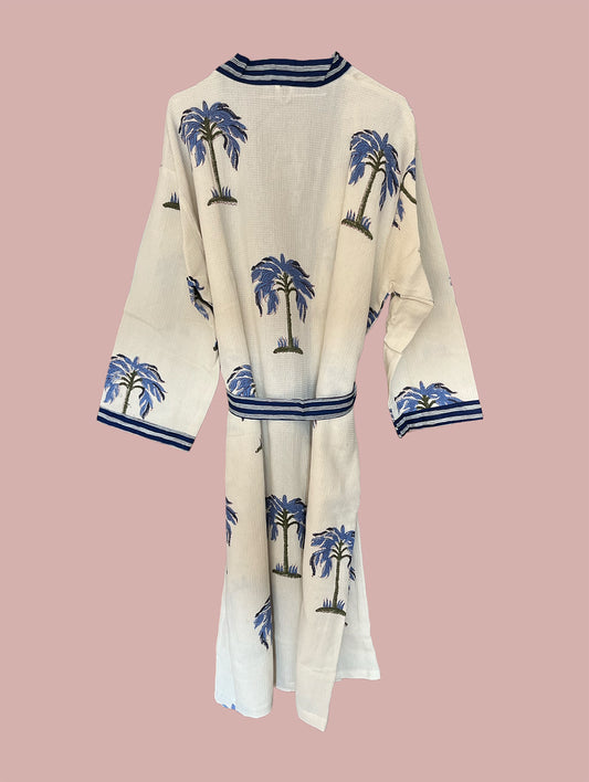 Morgenkåbe waffel / Hvid & blå træ motiver