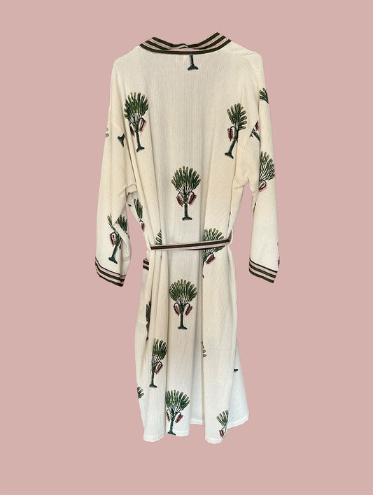 Morgenkåbe waffel / Hvid & grønne træ motiver