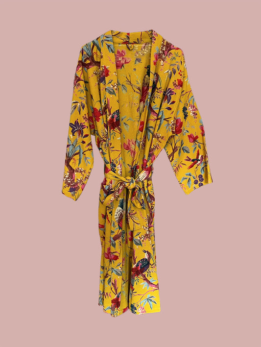 Morgenkåbe waffel / Gul & røde blomster