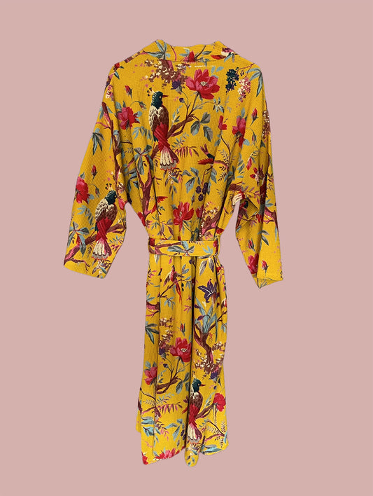 Morgenkåbe waffel / Gul & røde blomster