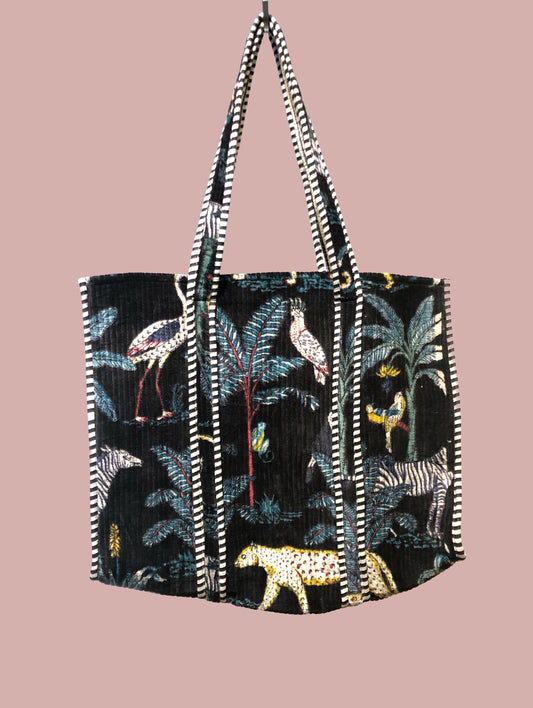 Tote bag / strandtaske, sort med turkish, hvide og gule motiver