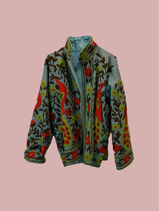 Jakke / Mørketurkis med broderinger