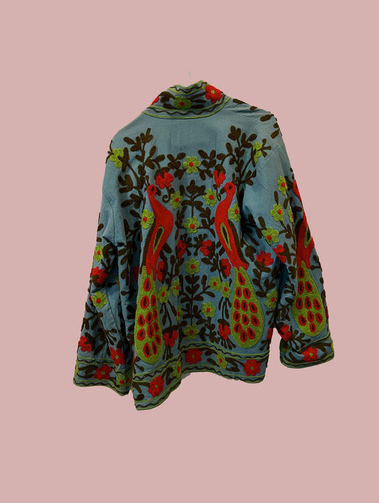 Jakke / Mørketurkis med broderinger