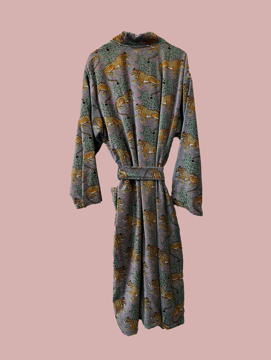 Kimono / jakke velour / Grå med print