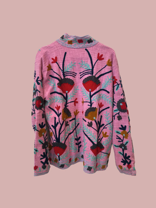 Jakke / Pink med turkis, rød og brune broderier