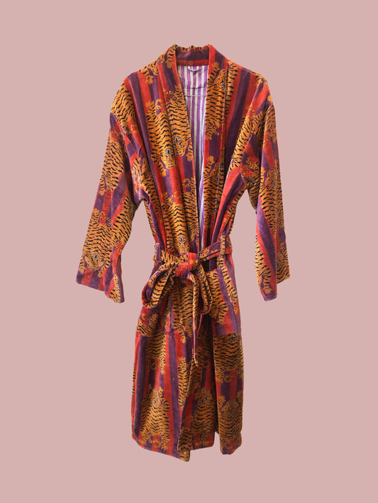 Kimono / jakke velour / Orange med gule og lilla broderier