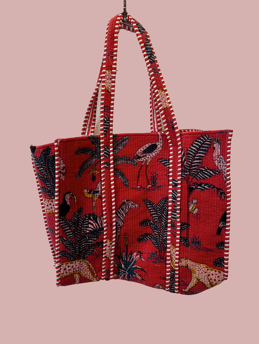 Tote bag / strandtaske, rød med dyre print