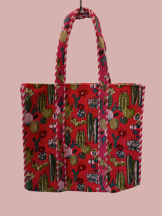 Tote bag / strandtaske, rød med kaktus print