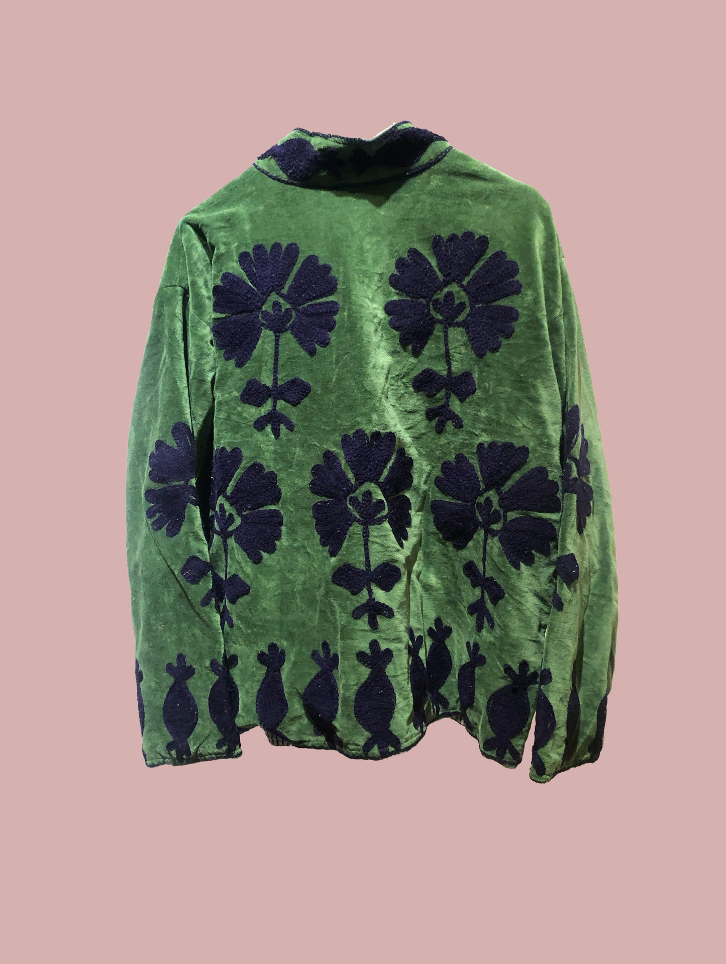 Velour jakke / grøn med mørkeblå broderier