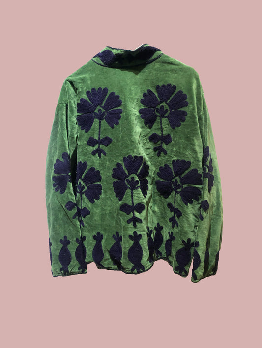 Velour jakke / grøn med mørkeblå broderier