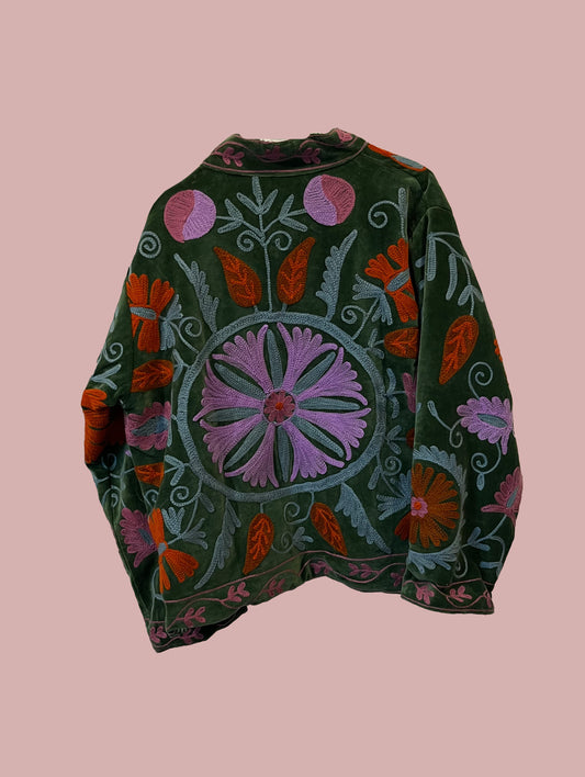 Velour jakke / Mørkegrøn med broderinger